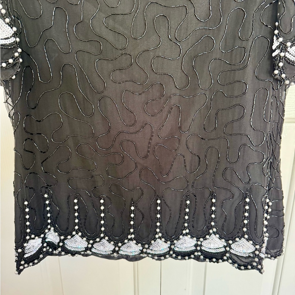 Vintage Laurence Kazar Black White Beaded Silk Top - Picture 4 of 8
